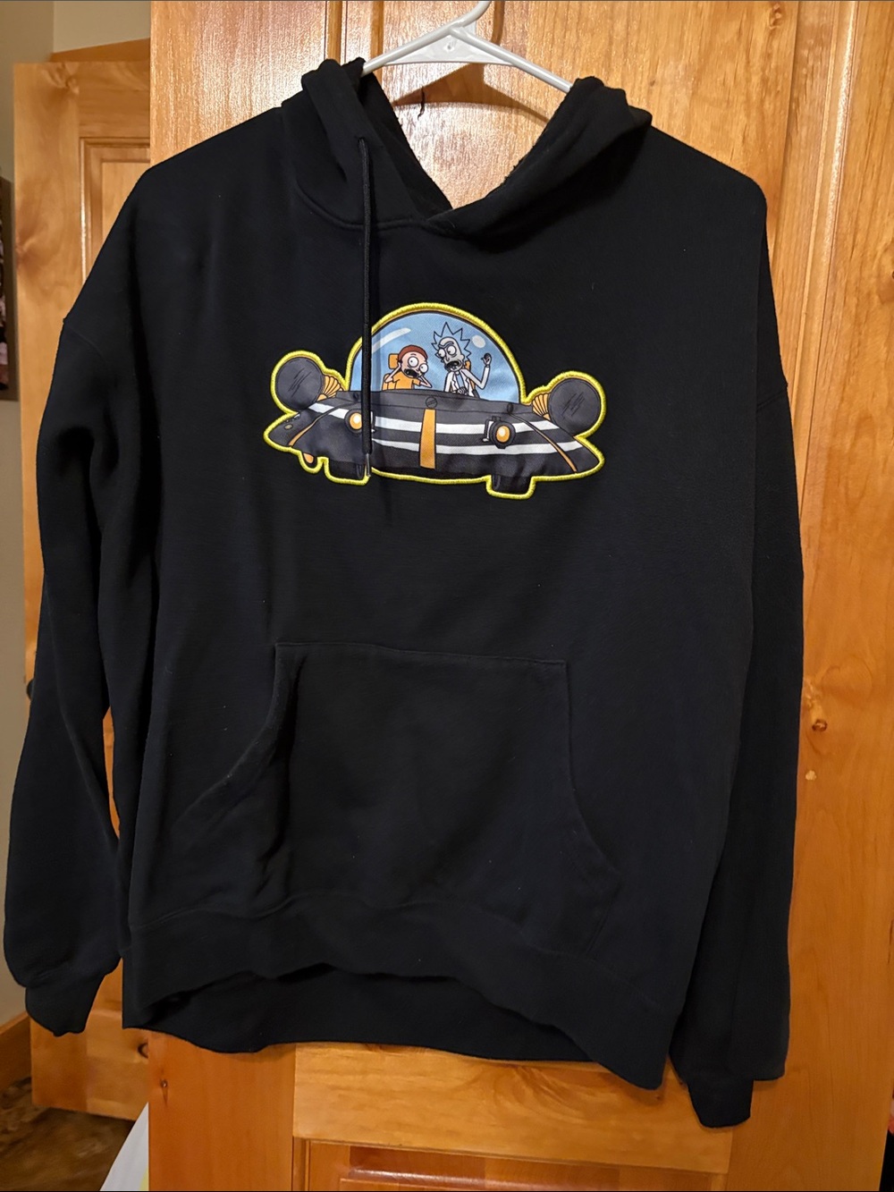 Rick n Morty Black Graphic Hoodie Sweatshirt with Yellow-Accented Patch